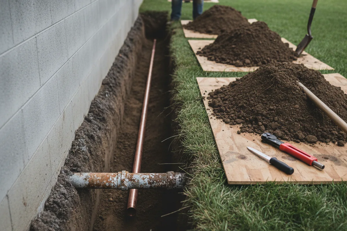 Excavated water line trench during Water Softener Installation in Loraine
